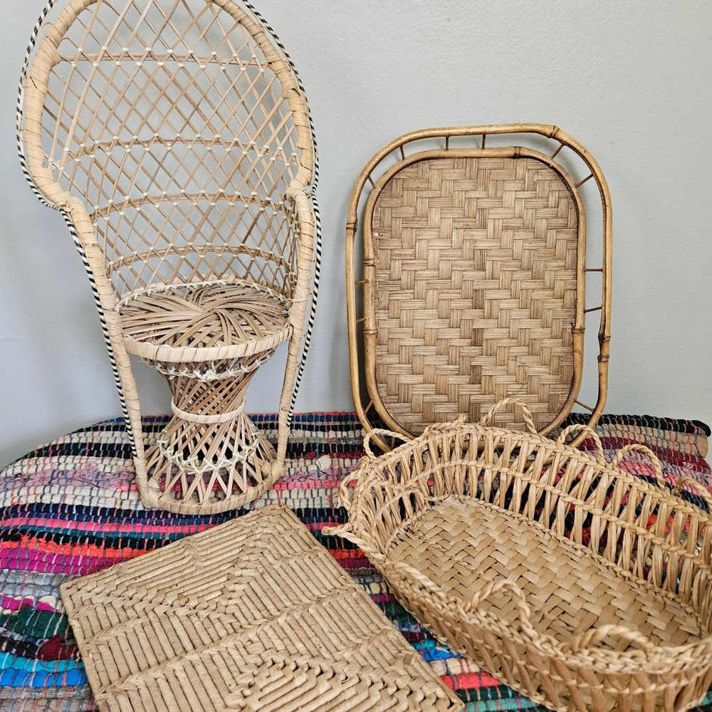 Mixed 4pc Wicker Rattan Lot Bundle Doll Chair Hot Pad Basket Tray Boho Farmhouse